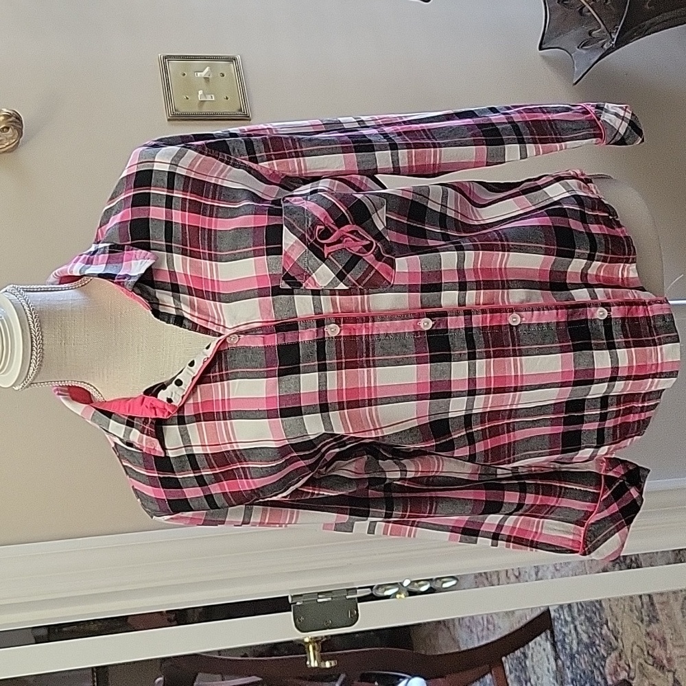 Victoria's Secret pink black white plaid shirt black white polka dot Long sl XS…